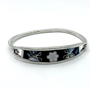 VTG Taxco Abalone Inlay Sterling Bangle Bracelet Floral Flower Butterfly 6.5”
